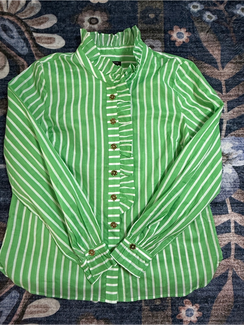 Talbots Green and White Striped Ruffle-Front Button-Down Shirt